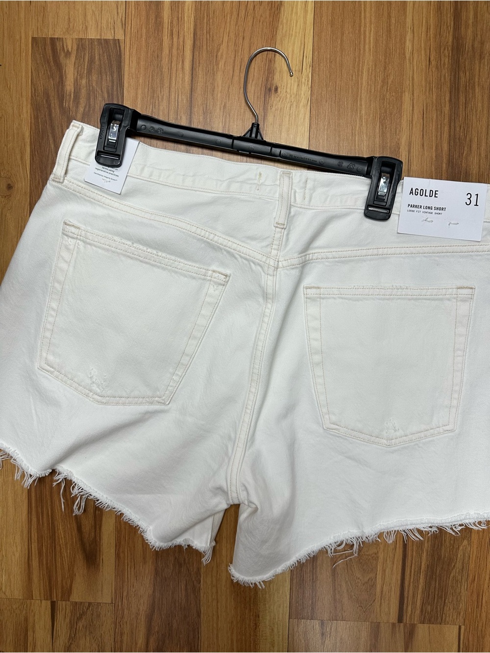 NWT Agolde Parker Long Short Cream High-Rise Raw Hem Denim Shorts